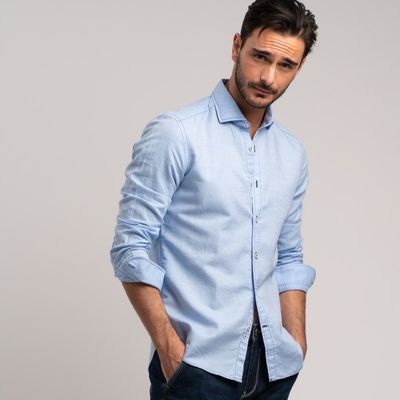 Camicia uomo misto cotone con cuciture a contrasto color azzurro